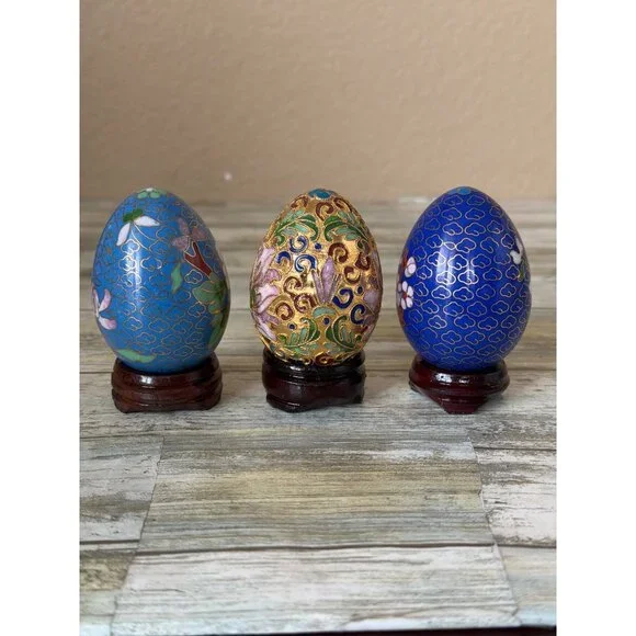 Set of 3 Asian Cloisonné Enamel Floral Eggs w/Wooden Stands Vintage Pre-owned - Picture 8 of 12